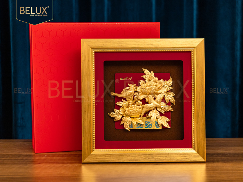 Tranh Đôi Chim Hỷ Tước Mẫu Đơn Dát Vàng 24k- 24x24 cm